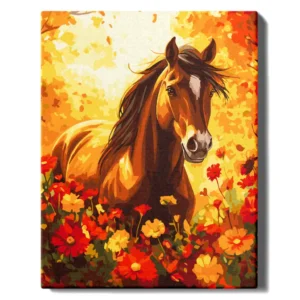 Hevonen kukkien joukossa