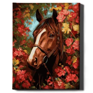 Hevonen kukkien keskellä