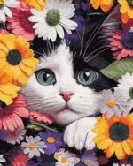 numeromaalaus-Kissa kukkien joukossa-numerotaide.fi1