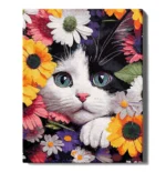 numeromaalaus-Kissa kukkien joukossa-numerotaide.fi