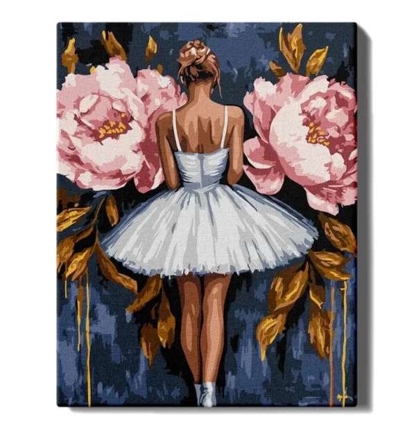 numeromaalaus-Ballerina-ja-vaaleanpunaiset-kukat-numerotaide_